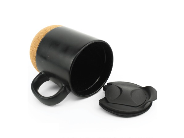 Ceramic Mug Black with Lid and Cork Base 385 ml